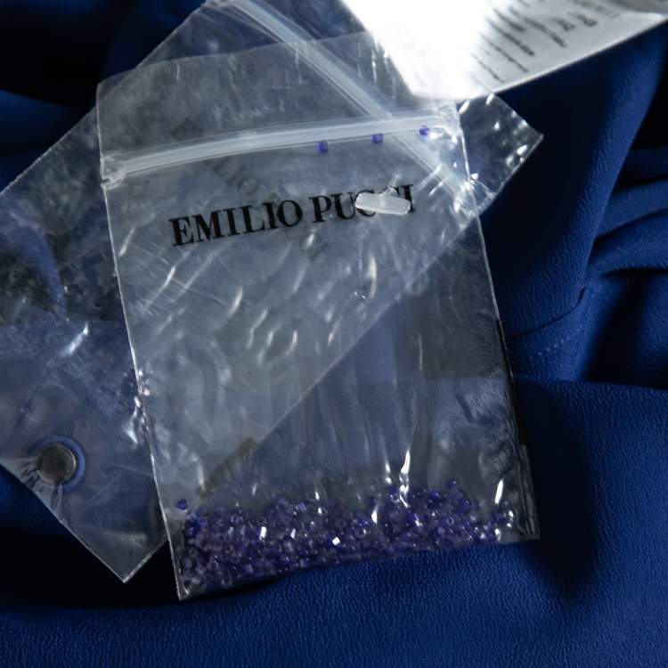 Pre Owned Emilio Pucci Blue Silk Beaded Embroidered Tassel Tie Front Shift Dress M