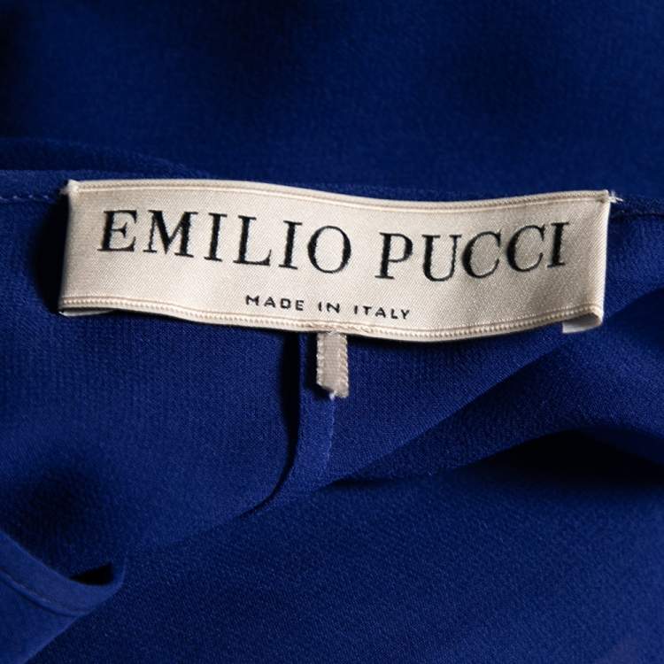 Pre Owned Emilio Pucci Blue Silk Beaded Embroidered Tassel Tie Front Shift Dress M