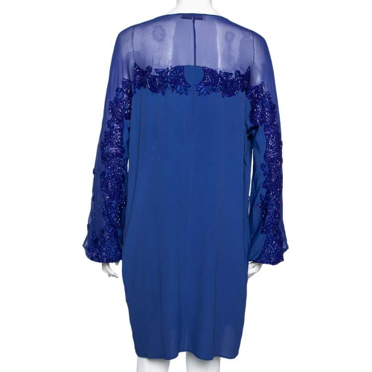 Pre Owned Emilio Pucci Blue Silk Beaded Embroidered Tassel Tie Front Shift Dress M