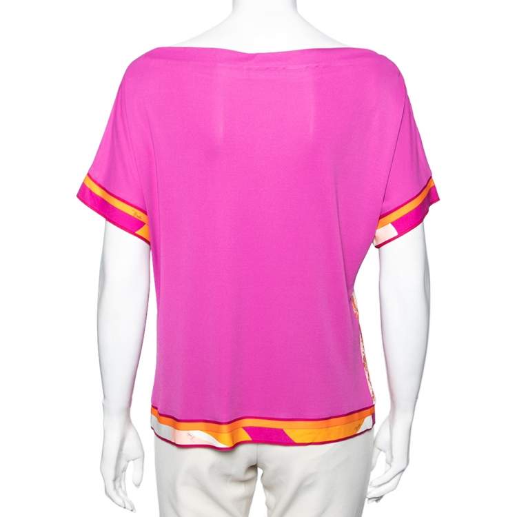 Pre Owned Emilio Pucci Pink Floral Lady Print Stretch Knit Blouse L
