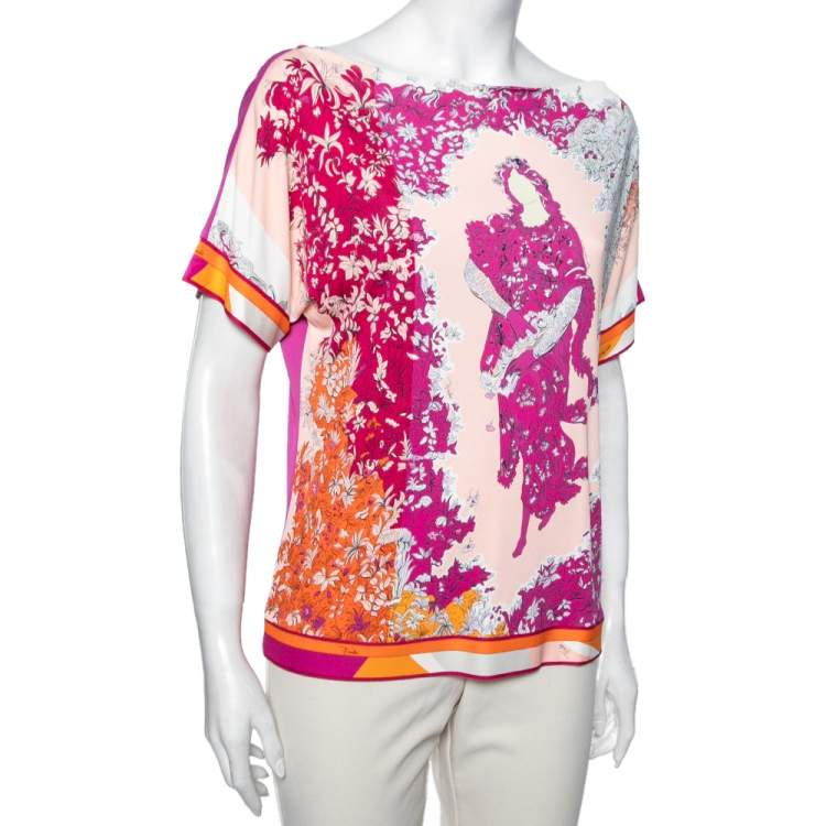 Pre Owned Emilio Pucci Pink Floral Lady Print Stretch Knit Blouse L