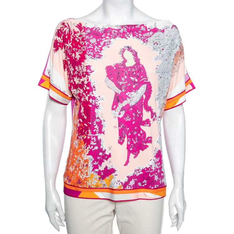 Pre Owned Emilio Pucci Pink Floral Lady Print Stretch Knit Blouse L