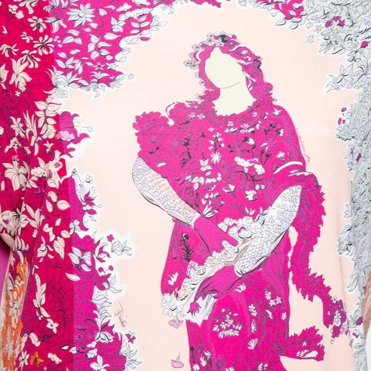 Pre Owned Emilio Pucci Pink Floral Lady Print Stretch Knit Blouse L