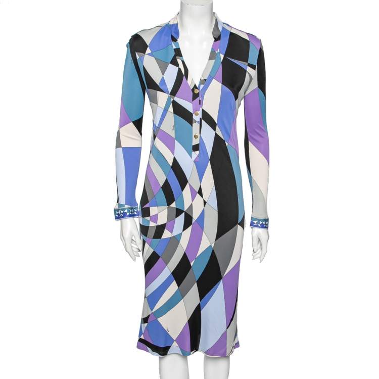 Emilio Pucci Multicolor Printed Jersey Long Sleeve Midi Dress L