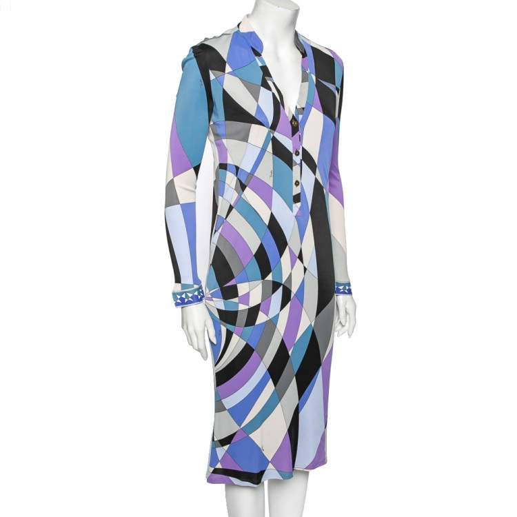 Emilio Pucci Multicolor Printed Jersey Long Sleeve Midi Dress L