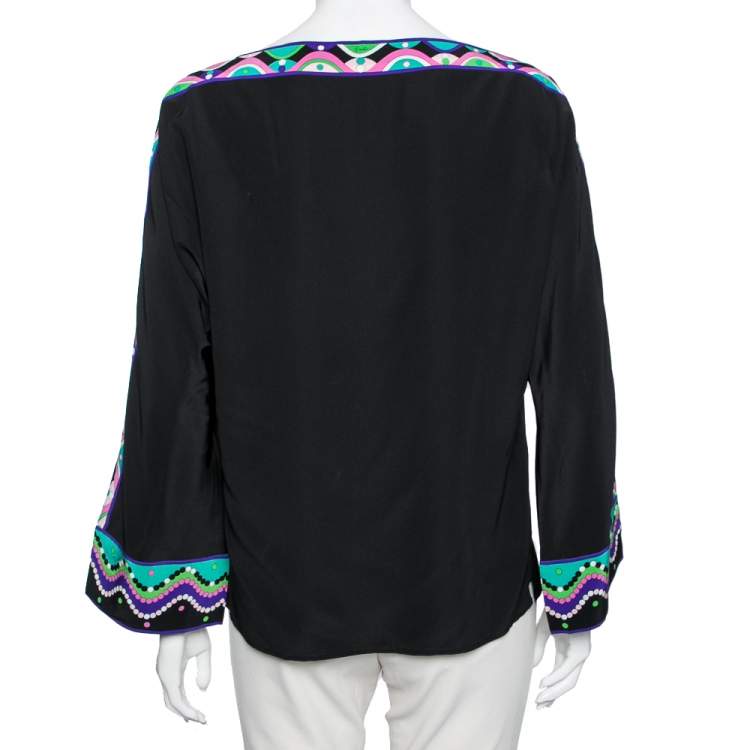 Pre Owned Emilio Pucci Black Satin and Printed Trims Blouse M