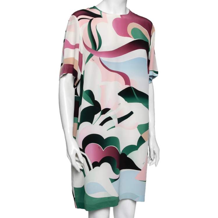 Pre Owned Emilio Pucci Multicolor Printed Silk Short Sleeve Dress L