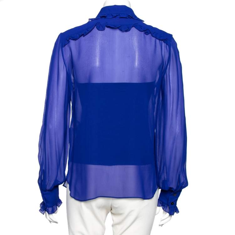 Pre Owned Emilio Pucci Blue Silk Ruffle Detailed Collar Button Front Shirt M