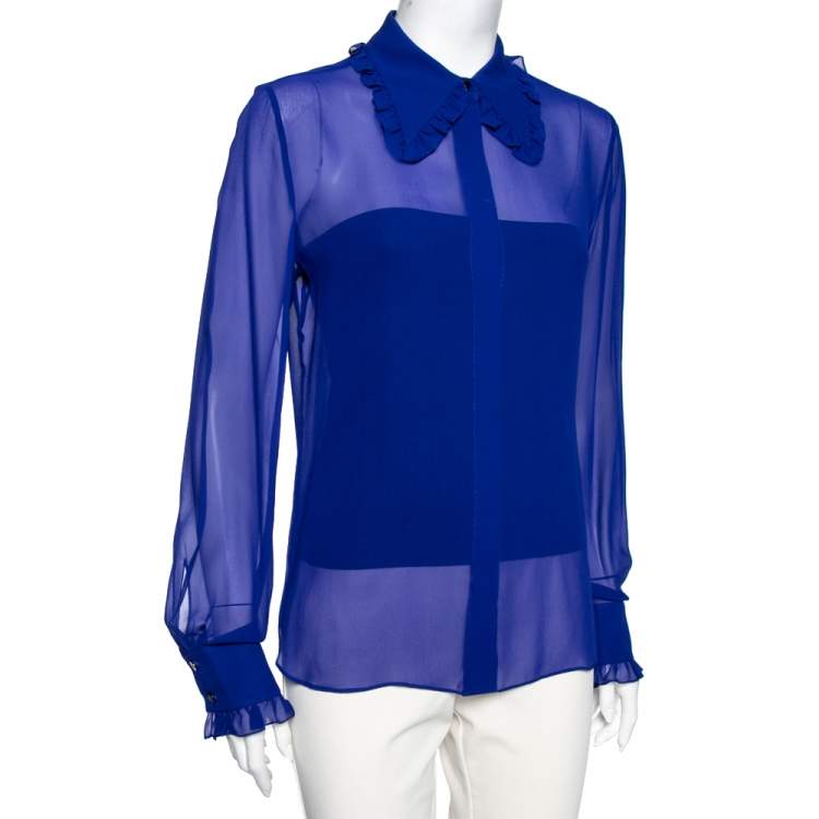 Pre Owned Emilio Pucci Blue Silk Ruffle Detailed Collar Button Front Shirt M