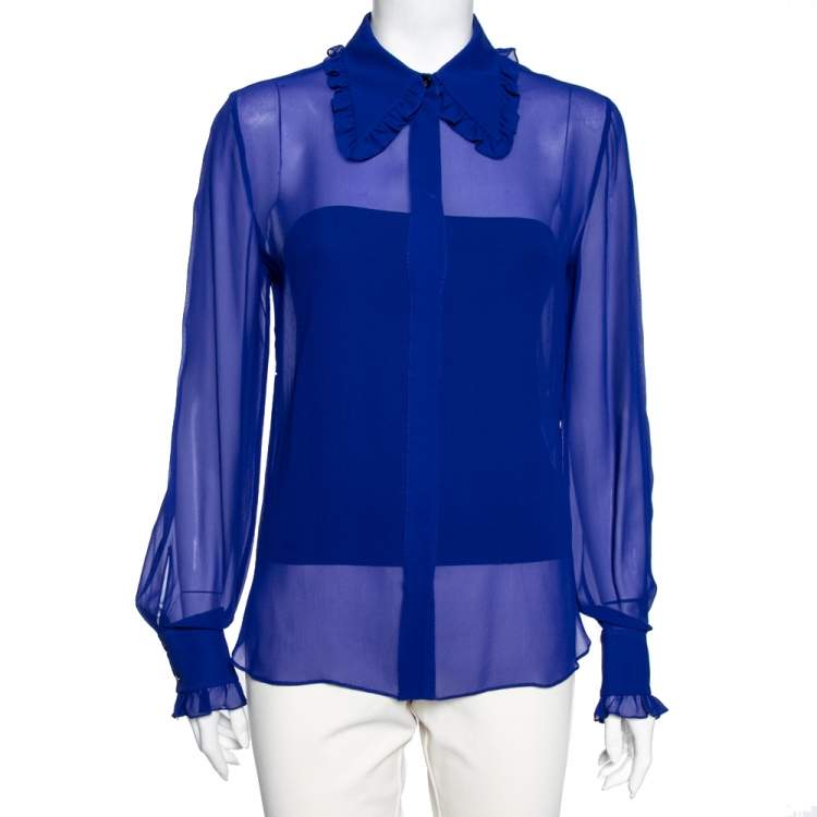 Pre Owned Emilio Pucci Blue Silk Ruffle Detailed Collar Button Front Shirt M