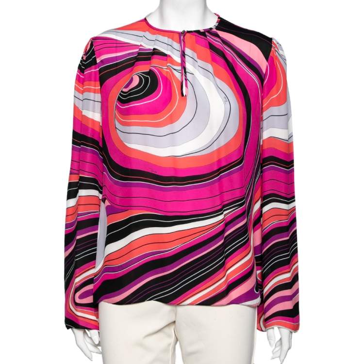 Pre Owned Emilio Pucci Multicolor Printed Silk Pleated Front Blouse M
