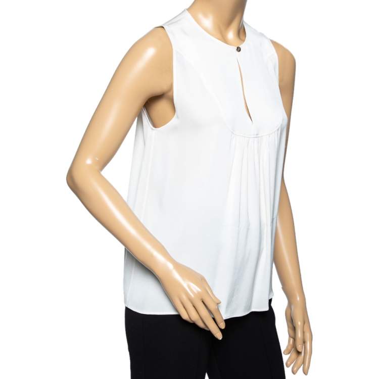 Pre Owned Emilio Pucci White Silk Pleated Front Sleeveless Blouse M
