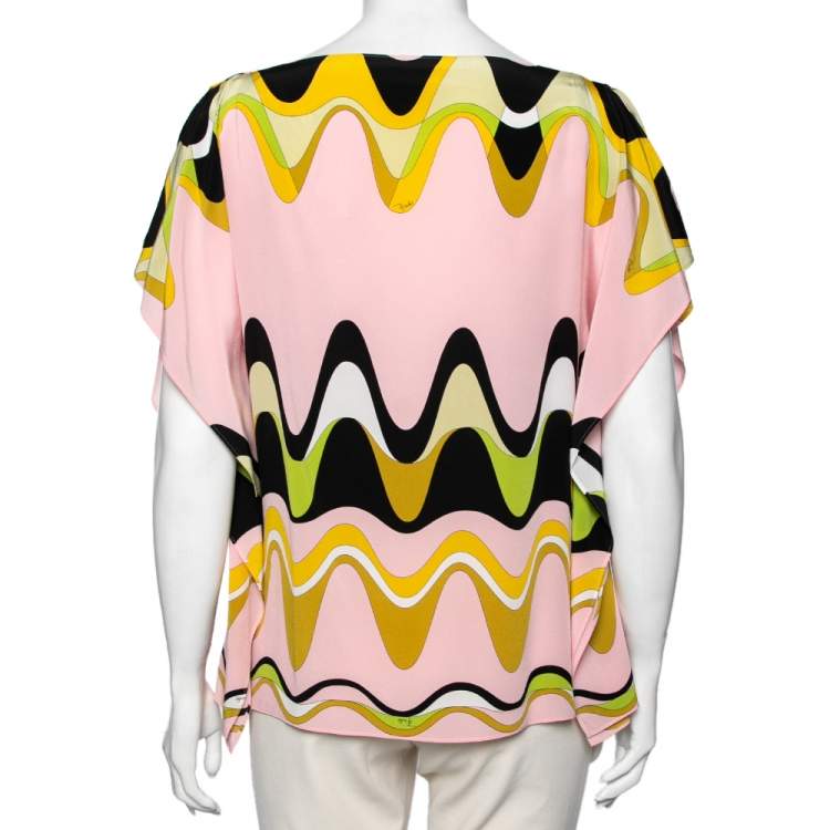 Pre Owned Emilio Pucci Pink Wave Printed Silk Kaftan Blouse M