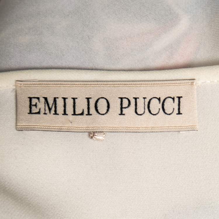 Pre Owned Emilio Pucci White Silk Floral Embroidered Long Sleeve Top M