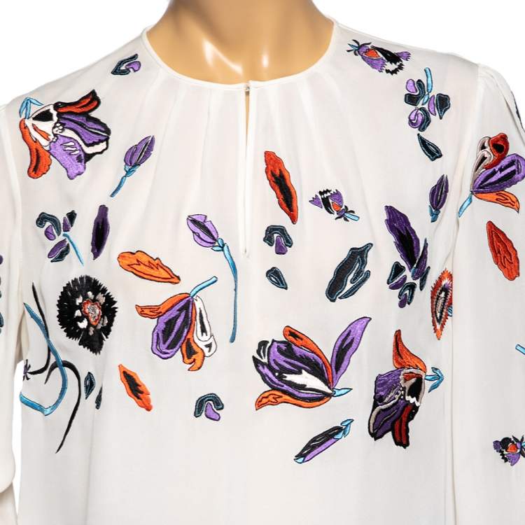 Pre Owned Emilio Pucci White Silk Floral Embroidered Long Sleeve Top M