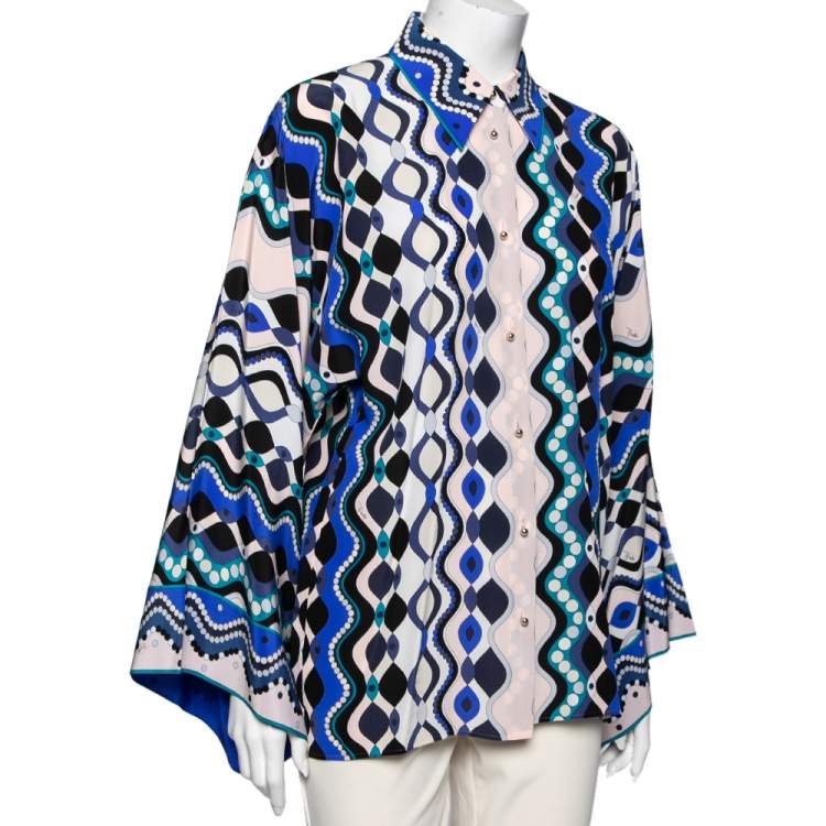 Emilio Pucci Multicolor Pattern Printed Silk Kimono Sleeves Shirt M Emilio  Pucci