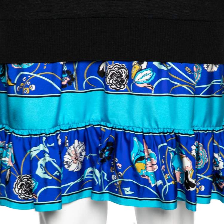 Pre Owned Emilio Pucci Black Wool & Printed Blue Silk Ruffled Hem Paneled Dress M