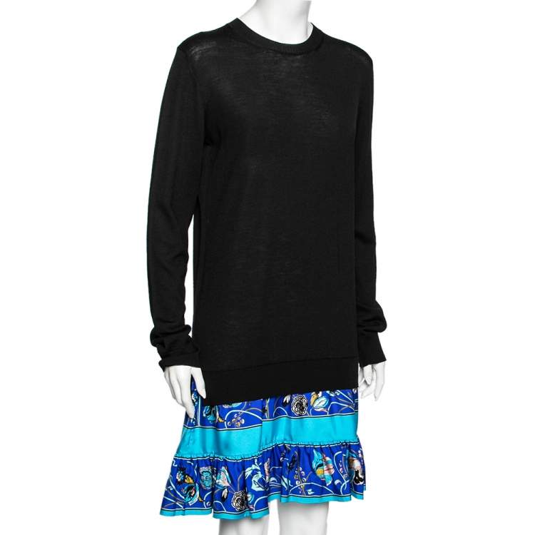 Pre Owned Emilio Pucci Black Wool & Printed Blue Silk Ruffled Hem Paneled Dress M