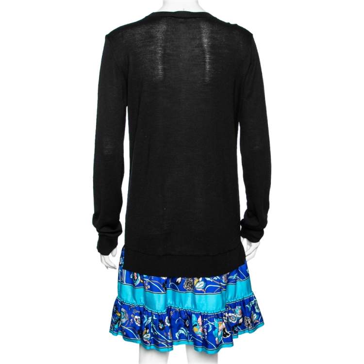 Pre Owned Emilio Pucci Black Wool & Printed Blue Silk Ruffled Hem Paneled Dress M