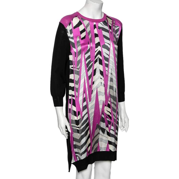 Pre Owned Emilio Pucci Multicolor Printed Silk & Wool Paneled Dress M
