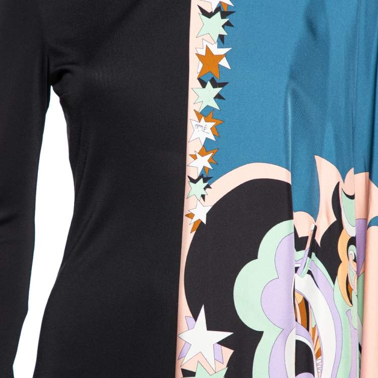 Pre Owned Emilio Pucci Multicolored Printed Silk Overlay Paneled Asymmetric Dress M