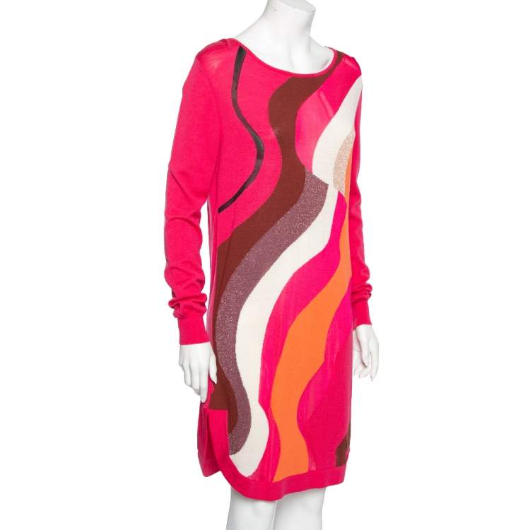Pre Owned Emilio Pucci Pink Patterned Knit Wool Long Sleeve Dress M