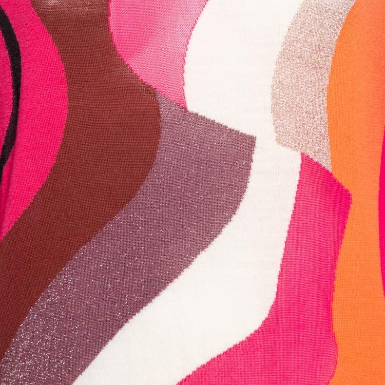 Pre Owned Emilio Pucci Pink Patterned Knit Wool Long Sleeve Dress M