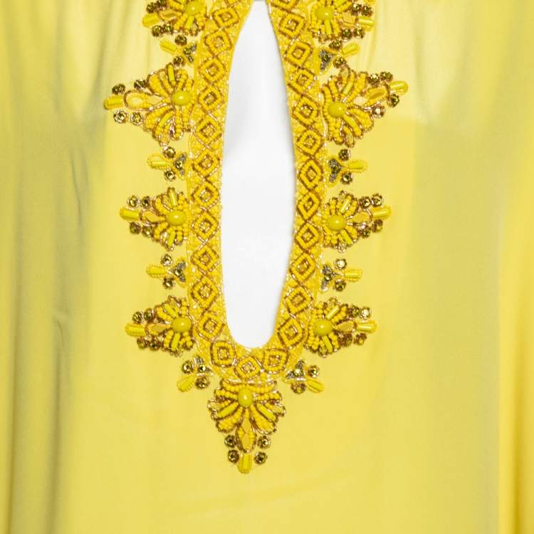 Pre Owned Emilio Pucci Yellow Silk Bead Embellished Cut Out Detail Kaftan Maxi Dress S