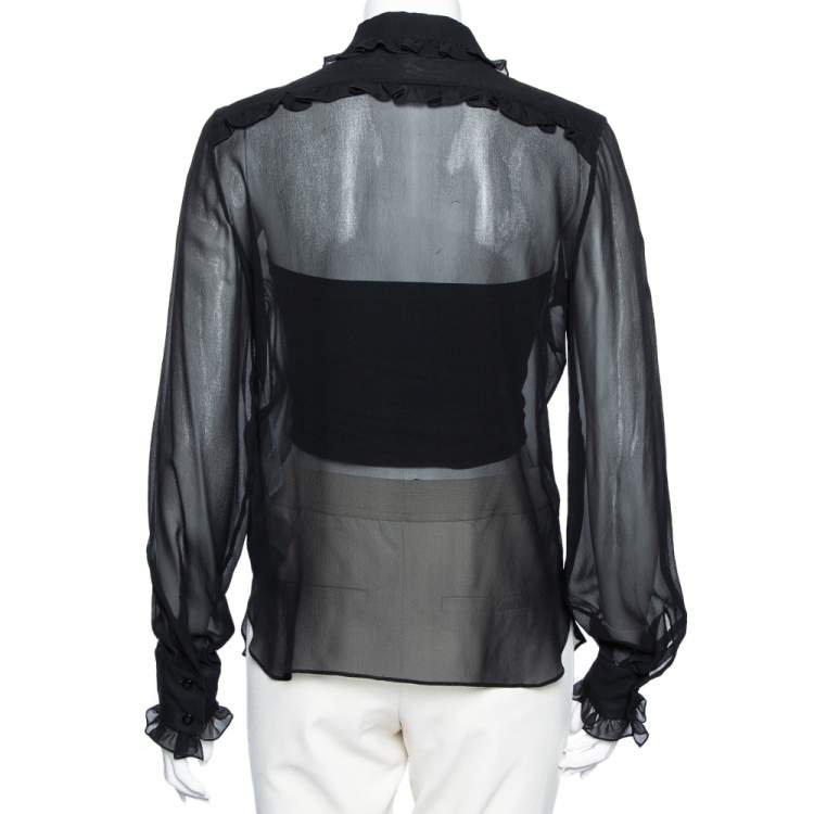 Pre Owned Emilio Pucci Black Silk Ruffle Trim Detailed Button Front Shirt M