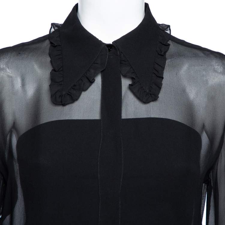 Pre Owned Emilio Pucci Black Silk Ruffle Trim Detailed Button Front Shirt M