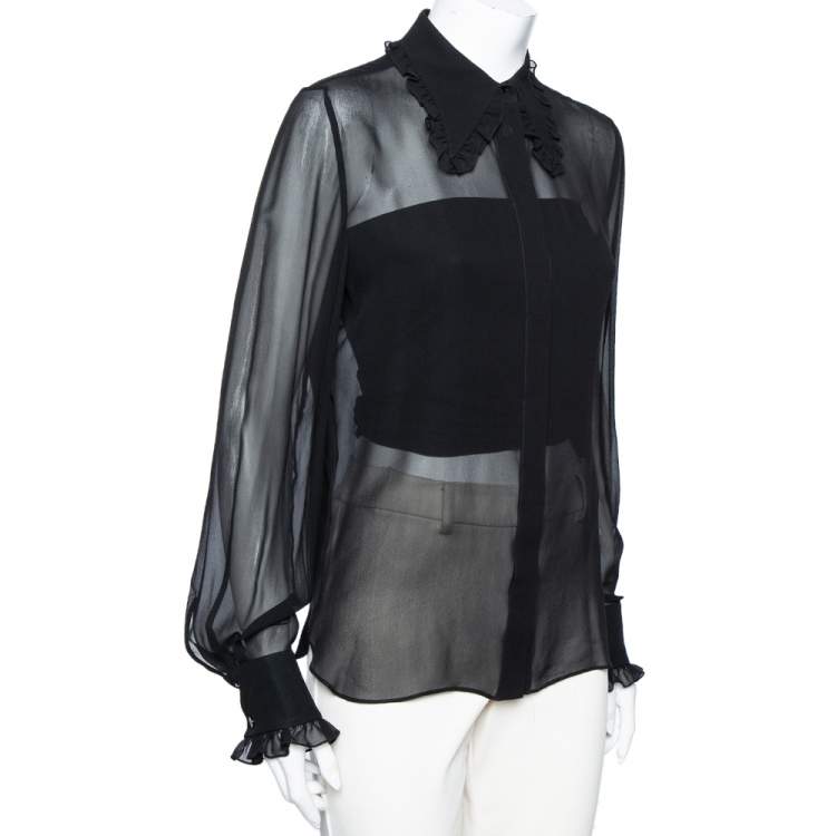 Pre Owned Emilio Pucci Black Silk Ruffle Trim Detailed Button Front Shirt M