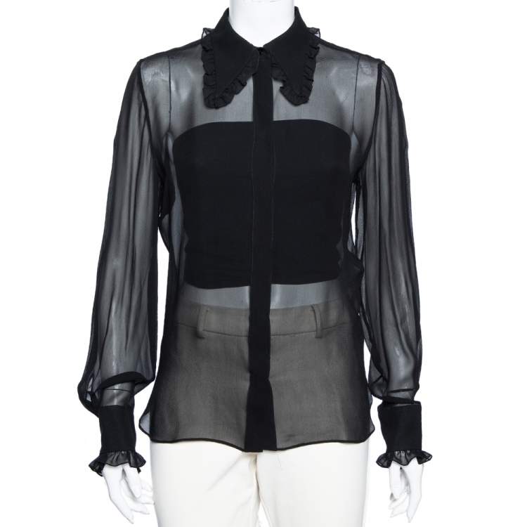 Pre Owned Emilio Pucci Black Silk Ruffle Trim Detailed Button Front Shirt M