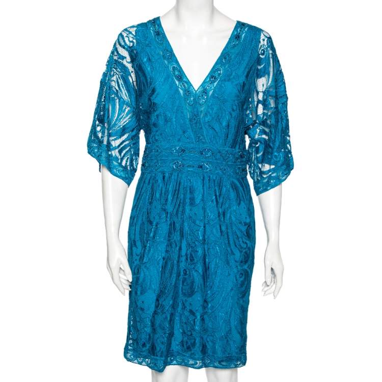 مملوكة مسبقًا Emilio Pucci Blue Embellished Lace V-Neck Dress M 
