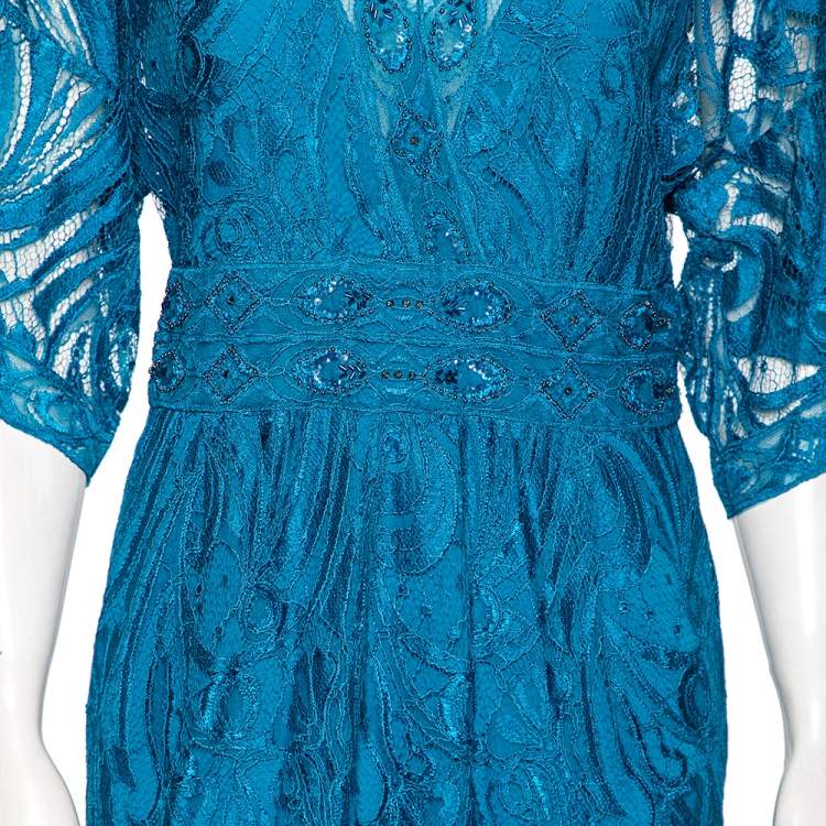 مملوكة مسبقًا Emilio Pucci Blue Embellished Lace V-Neck Dress M 