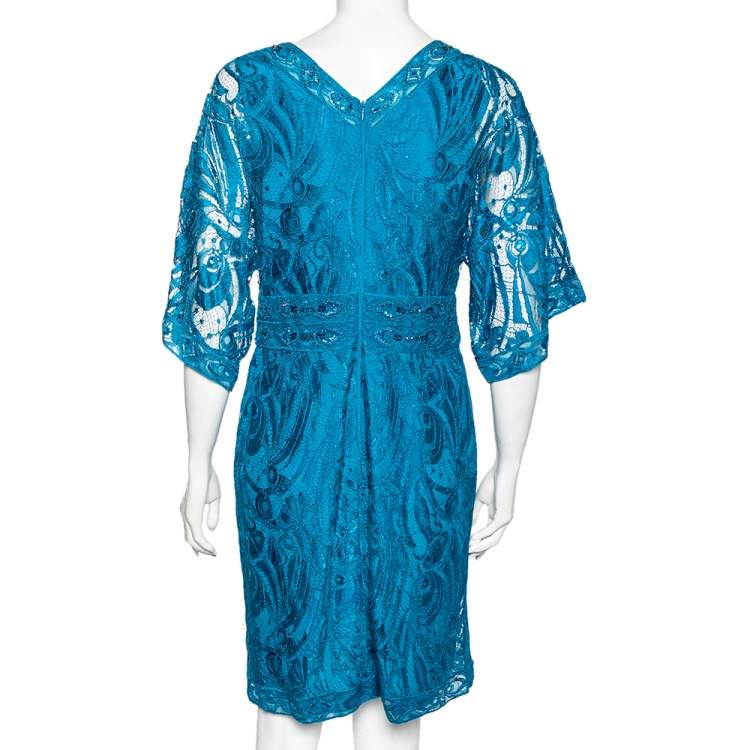 مملوكة مسبقًا Emilio Pucci Blue Embellished Lace V-Neck Dress M 