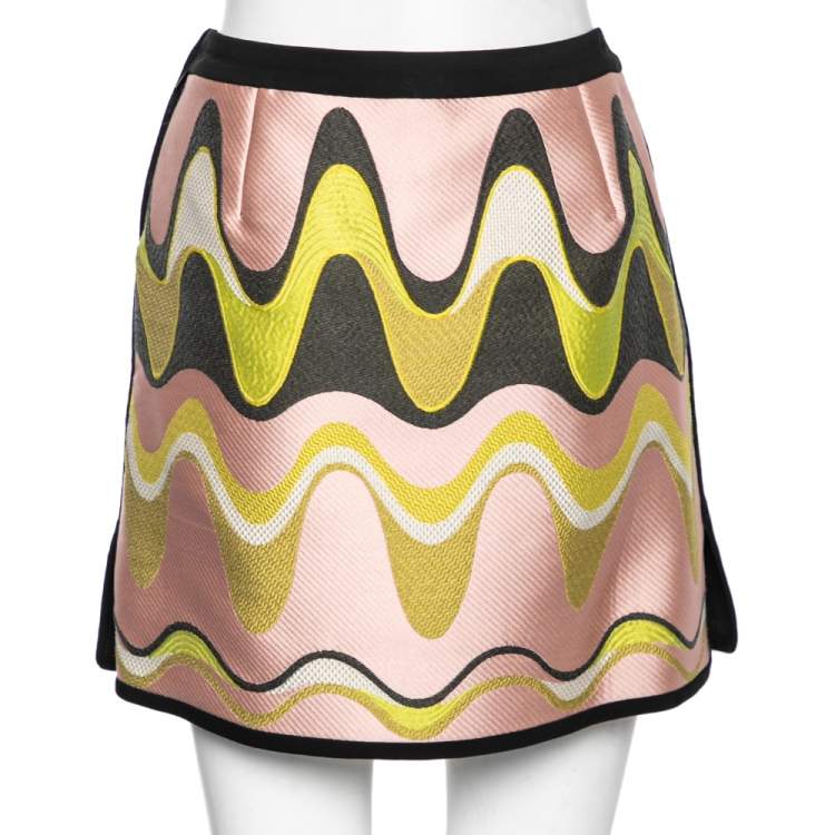 Pre Owned Emilio Pucci Pink & Green Wave Jacquard Short Skirt M 