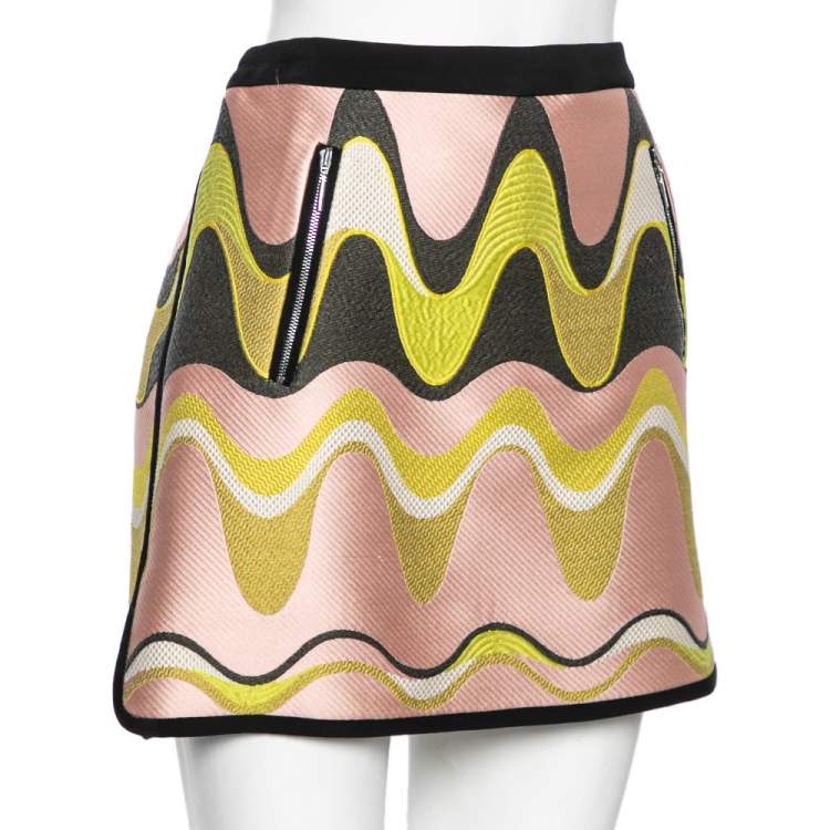 Pre Owned Emilio Pucci Pink & Green Wave Jacquard Short Skirt M 