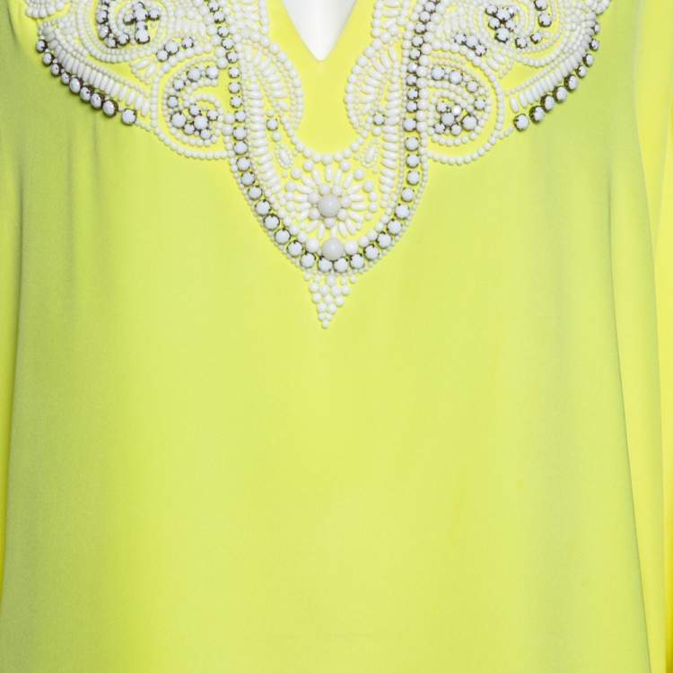 Pre Owned Emilio Pucci Yellow Silk Bead Embellished Kaftan Dress M 