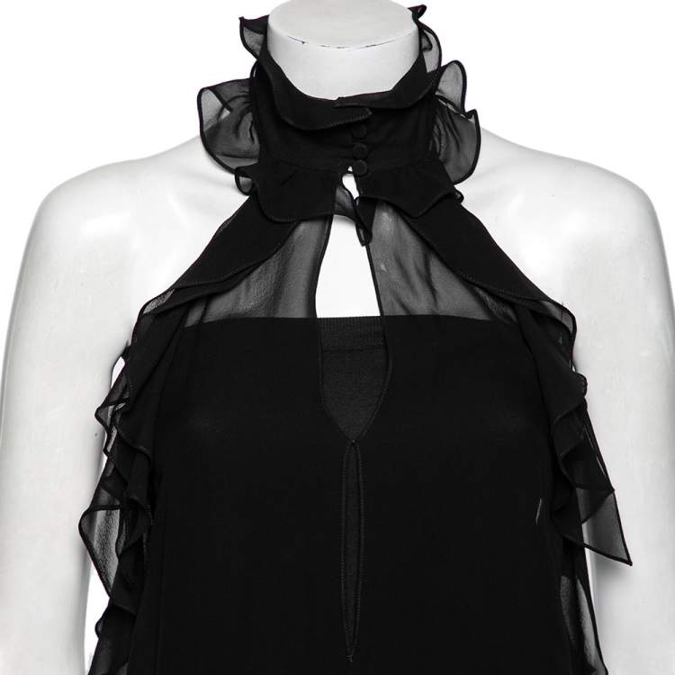 Pre Owned Emilio Pucci Black Silk Ruffled Sheer Top M