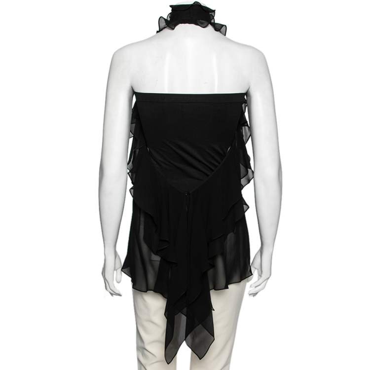Pre Owned Emilio Pucci Black Silk Ruffled Sheer Top M