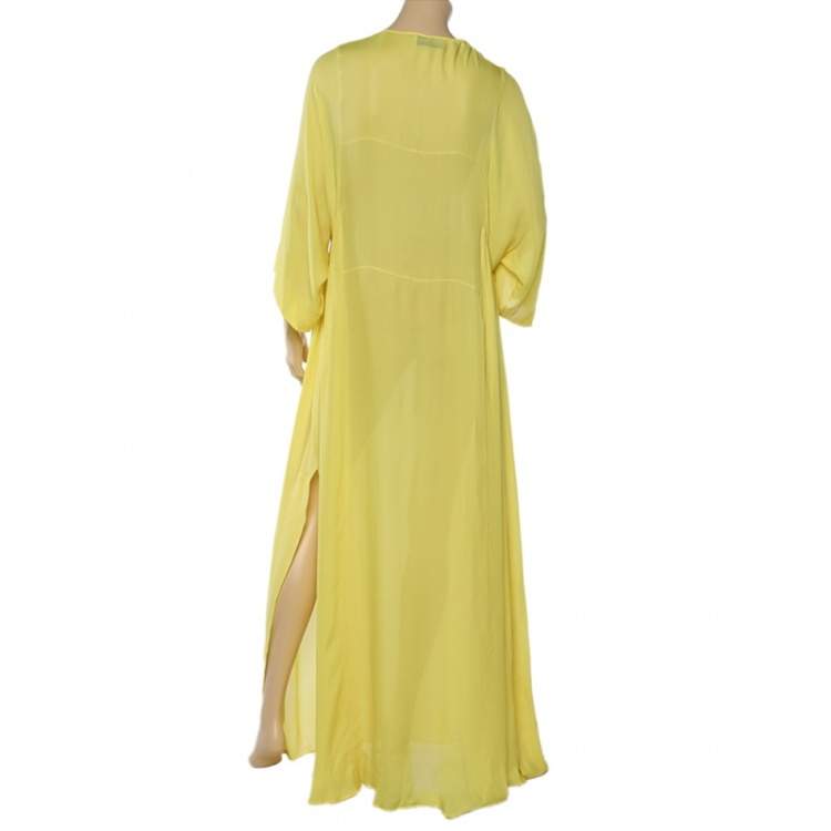 Pre Owned Emilio Pucci Yellow Silk Pleated Detail Kaftan Maxi Dress M