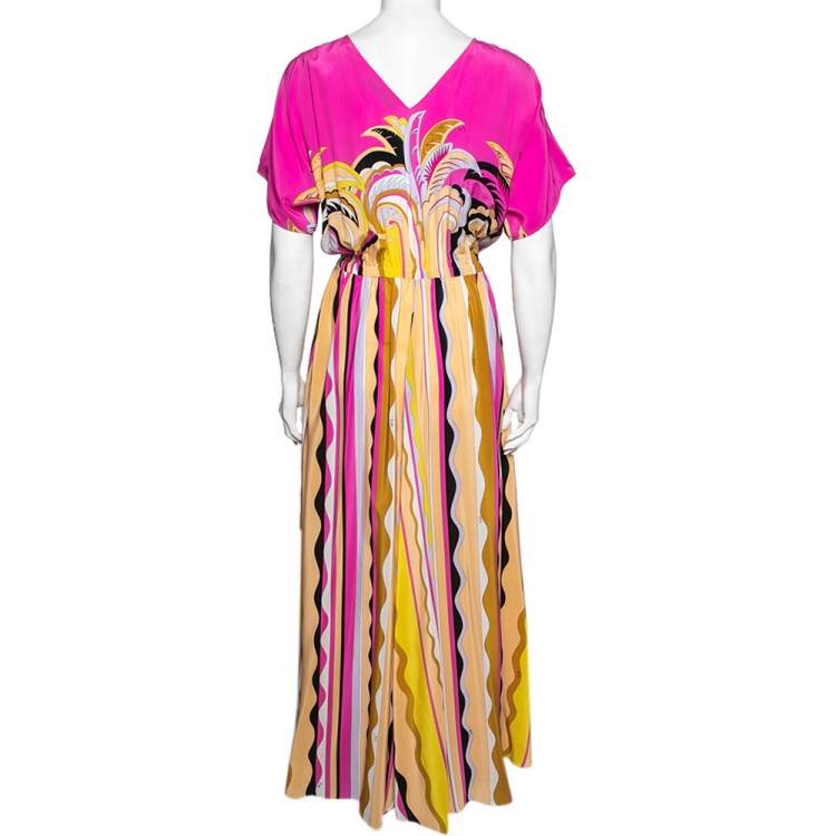Pre Owned Emilio Pucci Multicolor Printed Silk Elastic Waist Detail Maxi Dress S