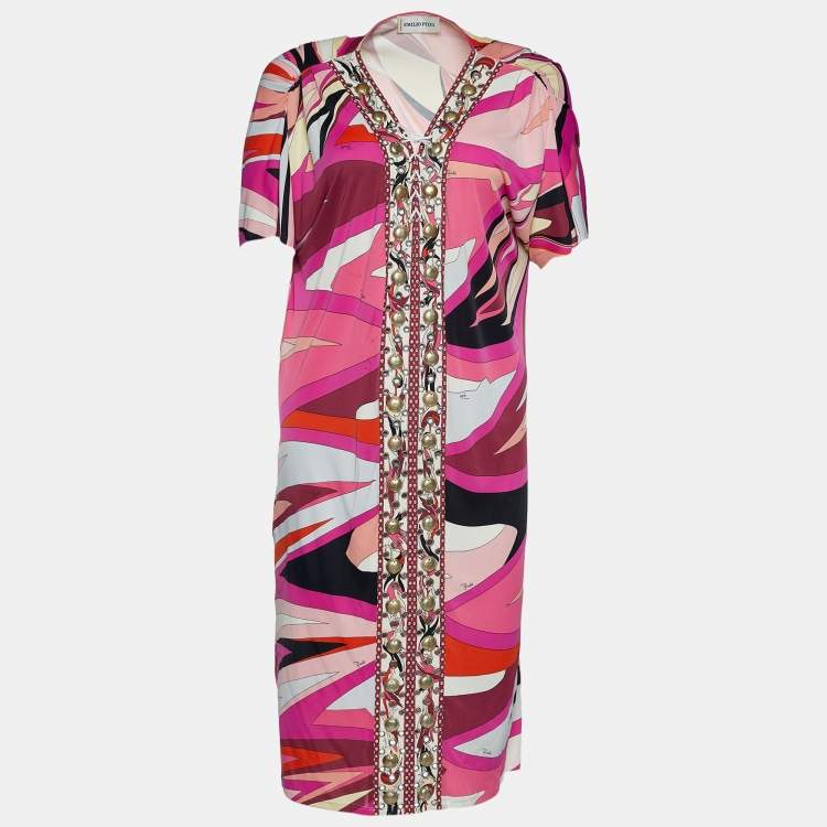 Pre Owned Emilio Pucci Pink Printed Jersey Embellished Eyelet Detail Tunic Dress M