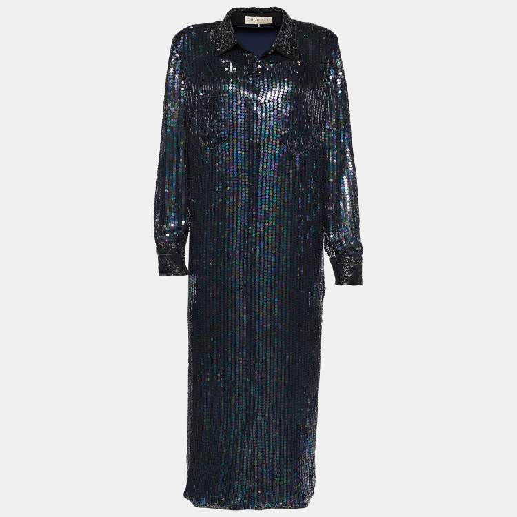 Pre Owned Emilio Pucci Metallic Sequin & Bead Embellished Silk Button Front Shirt Dress L
