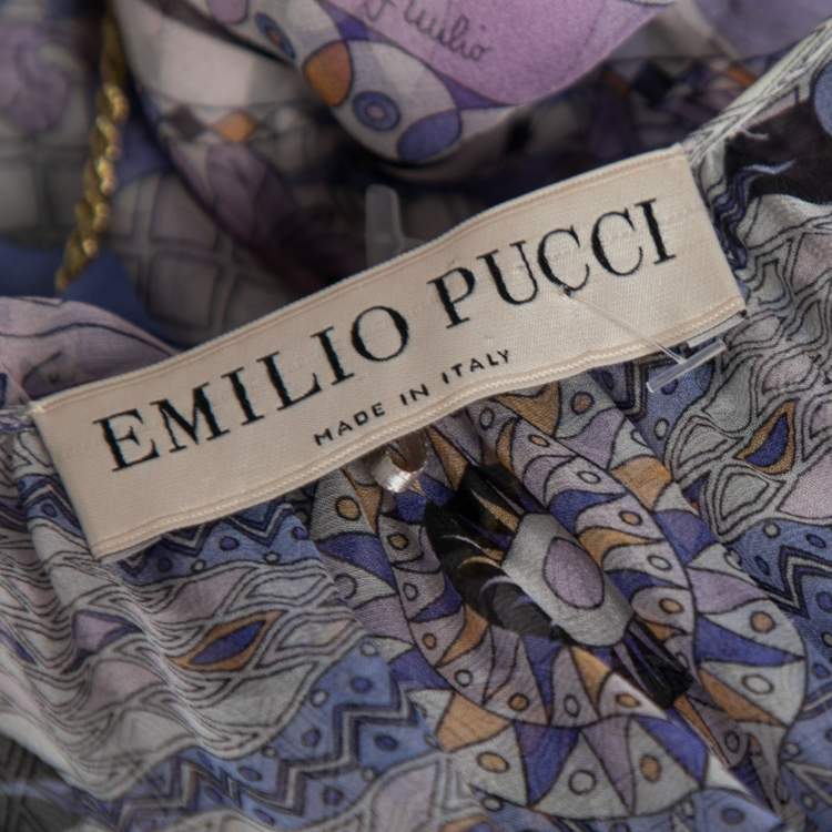 Pre Owned Emilio Pucci Purple Printed Chiffon Neck Tie Detail Belted Mini Dress S