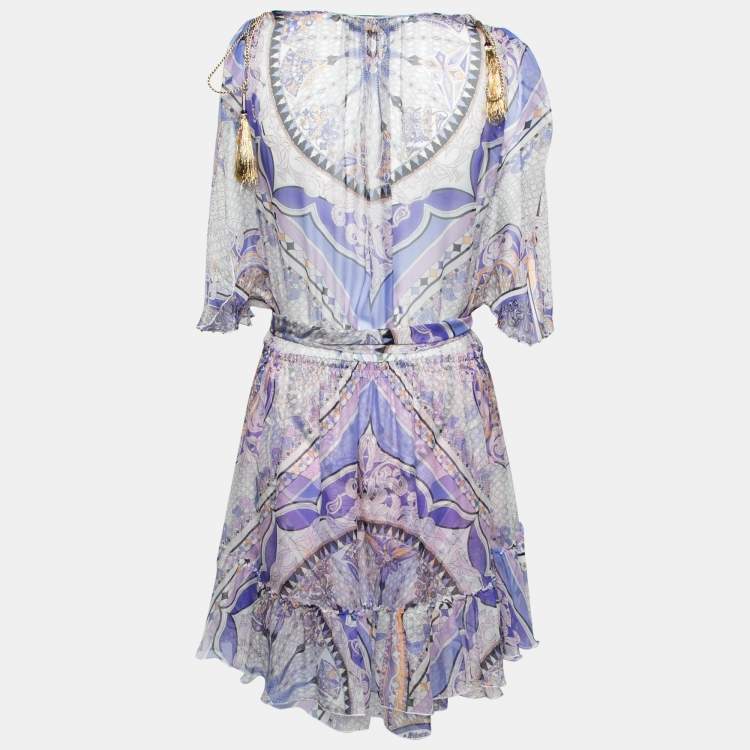 Pre Owned Emilio Pucci Purple Printed Chiffon Neck Tie Detail Belted Mini Dress S