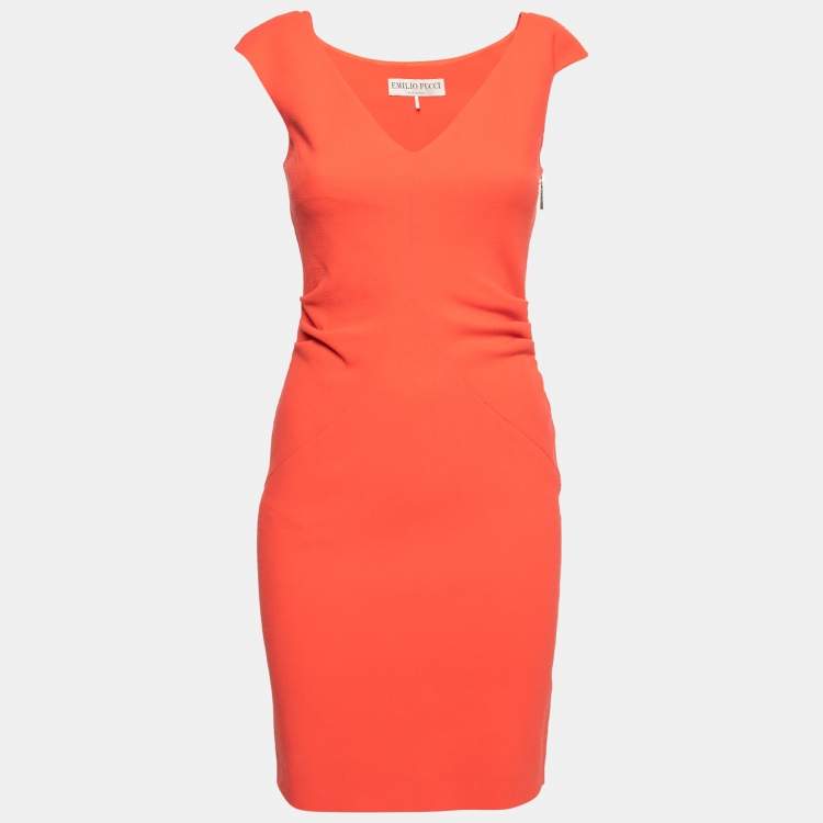 Pre Owned Emilio Pucci Coral Wool Gathered Detail Sleeveless Dress S