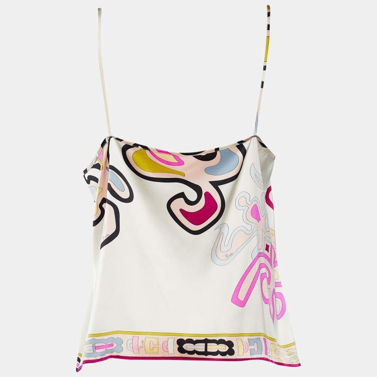 Pre Owned Emilio Pucci Cream Printed Silk Sleeveless Top L