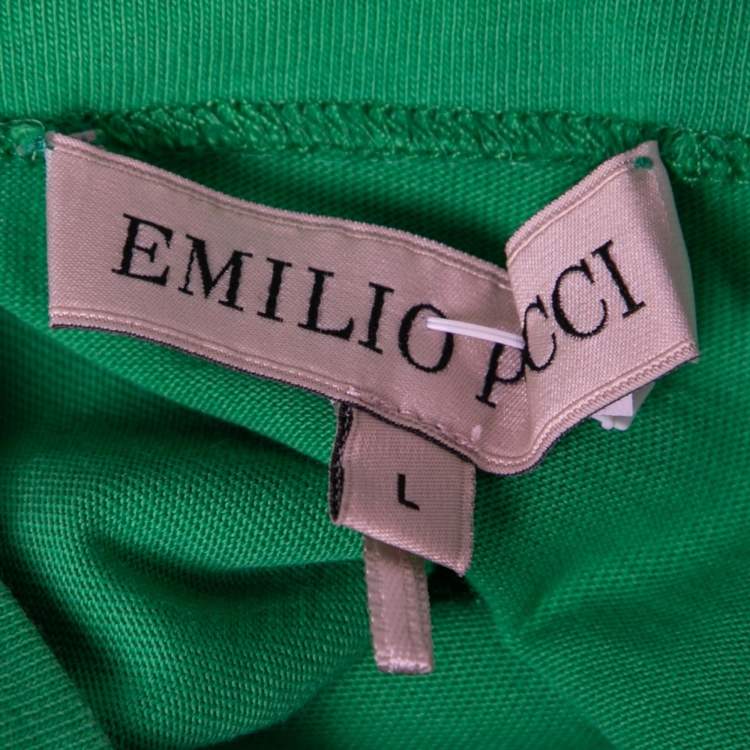 Pre Owned Emilio Pucci Green Cotton & Silk Contrast Sleeve Detail T-Shirt L
