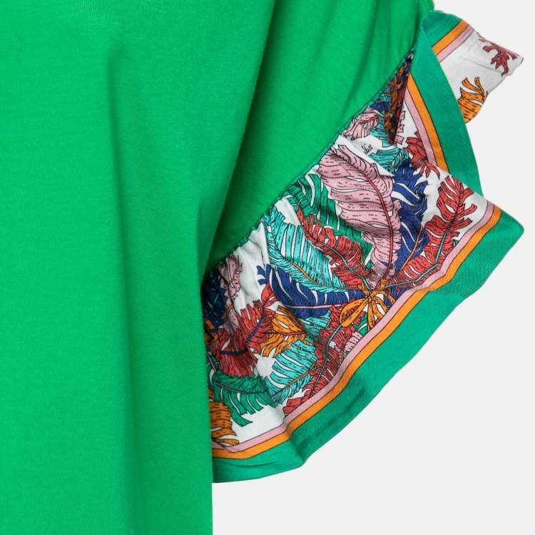 Pre Owned Emilio Pucci Green Cotton & Silk Contrast Sleeve Detail T-Shirt L